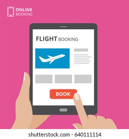 Hand holding tablet computer with book button and airplane icon on screen. Design concept of online tickets, flight booking mobile application. Flat design vector illustration