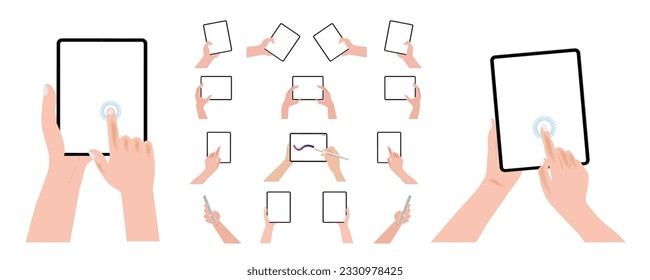 A hand is holding a tablet computer both horizontally and vertically, with a blank screen displayed. The tablet pc is being operated using a finger to touch the blank white screen display, Vector.