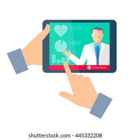 Hand Holding A Tablet Computer With Doctor Online. Telemedicine And Telehealth Flat Concept Illustration. Medic Giving Medical Tele Consultation. Vector Element For Tele Medical And Health Infographic