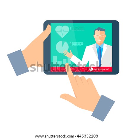 Hand holding a tablet computer with doctor online. Telemedicine and telehealth flat concept illustration. Medic giving medical tele consultation. Vector element for tele medical and health infographic