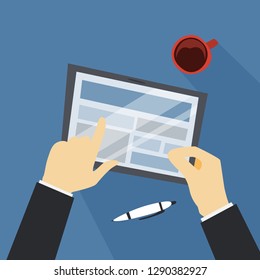 Hand holding tablet computer. Modern digital technology and wireless device. Isolated flat vector illustration