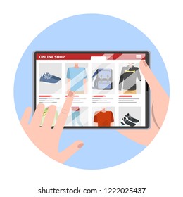 Hand holding tablet computer and searching goods in online shop. E-commerce concept. Shopping in internet and make digital money payment. Isolated flat vector illustration