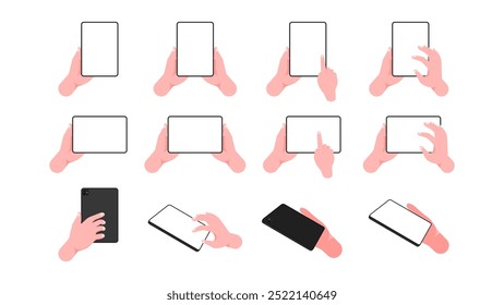 Handheld-Tablet-Computer-Set: Horizontale und vertikale Verwendung mit Fingerabdrücken auf leerem Bildschirm - Vektorgrafik