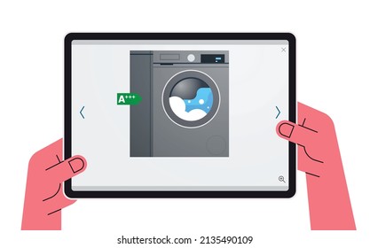 Hand holding tablet computer and washing machine on tablet screen flat vector illustration.	
