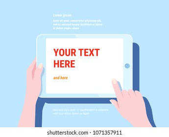 Hand Holding Tablet Computer With White Screen. Trendy Modern Flat Blue Color Design For Web, Website, Banner, Mobile App. Using Digital Pc Similar To Ipad. Vector Illustration