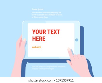 Hand holding tablet computer with white screen. Trendy modern flat blue color design for web, website, banner, mobile app. Using digital pc similar to ipad. Vector illustration