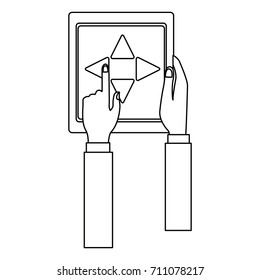 hand holding tablet controlling drone concept