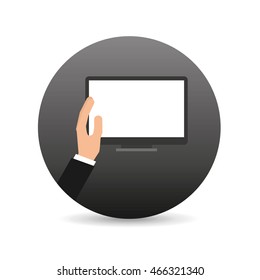 hand holding tablet device icon, vector illustration