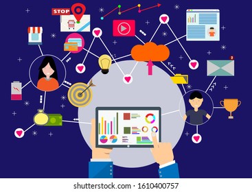 Hand holding tablet device with internet icons.He use statistics application and connect on line.Calling service,contact,technology,love,Vector communicate and flat design vector.