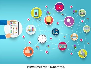 Hand holding tablet device with internet icons.He use application and connect on line.Calling service,contact,technology,love,Vector communicate and flat design vector.