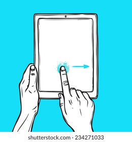 Hand holding tablet device and touching a button sketch on blue background vector illustration.