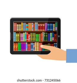 Hand holding tablet with digital books, online education concept, library. Vector illustration