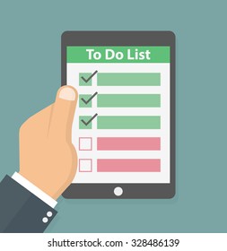 Hand holding tablet with to do list on it. Flat style
