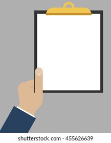 Hand holding tablet with empty paper. Flat design, vector template with place for your text and pic