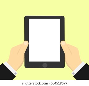 Hand holding tablet with empty white screen