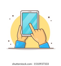 Hand Holding Tablet with Finger Pointing On The Screen Vector Icon Illustration. Tablet Icon Concept White Isolated. Flat Cartoon Style Suitable for Web Landing Page, Banner, Sticker, Background