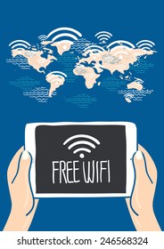 hand holding tablet with free wi fi in worldmap-freehand drawing vector Illustration