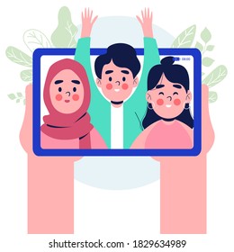 Hand holding tablet with friends on screen. tablet pc in hand. Isolated on white background. Flat design vector illustration