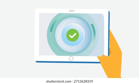 Hand holding tablet with green checkmark for successful digital verification