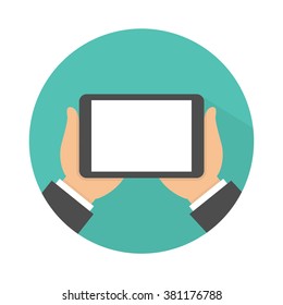 Hand holding tablet icon with blank screen and long shadow. Horizontal view. Flat design