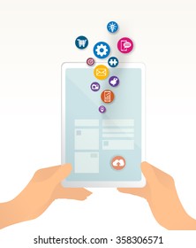Hand holding tablet with icons. Uploading - downloading data, hand holding tablet, mobile device. wireless communication.