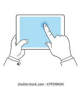Hand holding a tablet illustration. blank blue screen pad phone. Hand draw line art vector illustration.