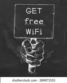 hand holding a tablet with an inscription Get free WiFi. Chalk draw. Vector.