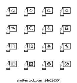 Hand holding tablet with Internet icons inside.