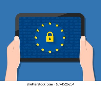 Hand holding tablet with lock symbol and binary code on its screen display. General Data Protection Regulation (GDPR) concept. 