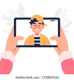 Hand holding tablet and make a video call vector illustration