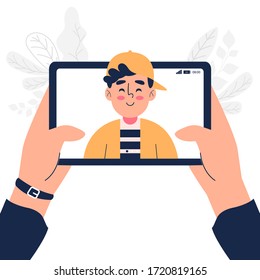 Hand holding tablet and make a video call vector illustration