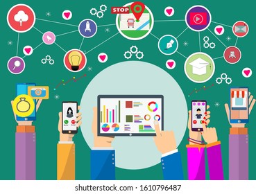 Hand holding tablet and mobile phone device with internet icons.He use application and connect on line.Calling service,contact,technology,love,Vector communicate and flat design vector.