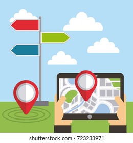 hand holding tablet with navigation app direction