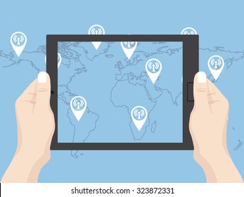 Hand holding tablet network icon for network solution worldwide, Vector Illustration EPS 10.