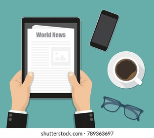 Hand holding tablet with newspaper. Vector illustration.