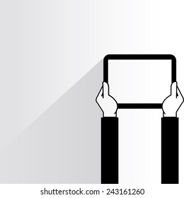 hand holding tablet on white background, flat and shadow theme