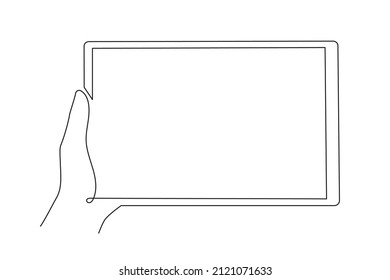 Hand holding tablet, one line art, hand drawn continuous contour.Template, mock-up of empty touch screen. Space for your image or text. Editable stroke, minimalist design.Isolated. Vector illustration