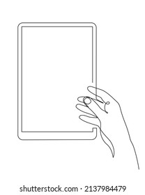 Hand, Tablette, eine Linie, handgezeichnete durchgehende Kontur.Vorlage, Muster aus leerem Touchscreen. Platz für Ihr Bild oder Ihren Text. Bearbeitbarer Strich, minimalistisches Design. Einzeln. Vektorgrafik