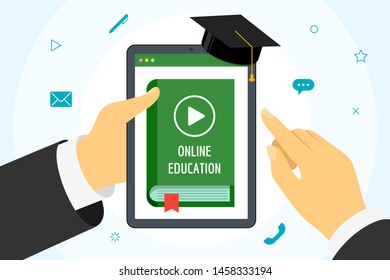 Hand holding tablet with online course green cover book. Distance education concept with play video button and graduation cap. E-learning studying and internet teaching banner vector illustration