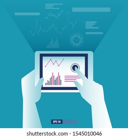 Hand holding tablet with online futuristic business report concept. Business vector illustration - Powered by Shutterstock - Get 15% off with code: PIKWIZARD15