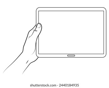 A hand holding a tablet in outline and vector format.