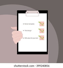 Hand holding tablet with paper with to do list. Flat design, vector template with place for your text