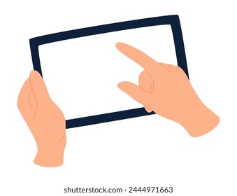 Hand holding tablet PC, clicking on blank screen with finger. Arm using digital device, touching, pointing, pressing on display with forefinger. Flat vector illustration isolated on white background