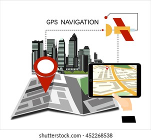 Hand holding tablet pc computer with gps navigator map on screen. Flat style design of web banner template for website or infographics, mobile navigation GPS system.