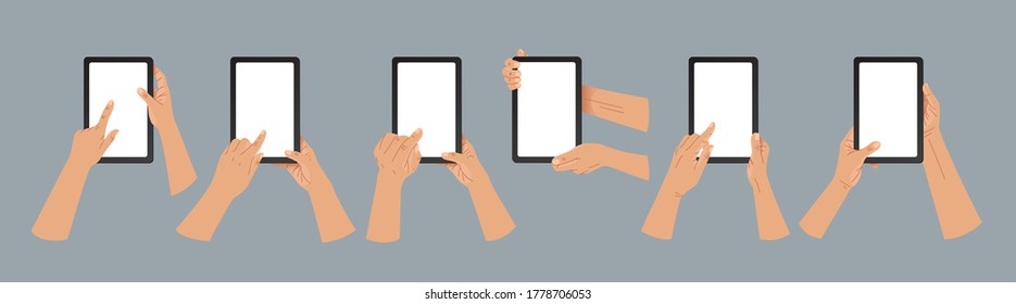 Hand holding tablet pc. Flat style. Hand illustration set. Modern vector hands holding tablet pc with white screen. Web, App design infographics. Trendy Flat Vector Illustration