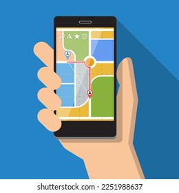 hand holding tablet pc with navigator screen application