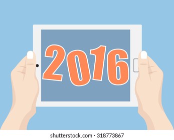 Hand holding tablet PC with New Year 2016, Vector Illustration EPS 10.