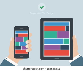 hand holding tablet and phone responsive flat design
