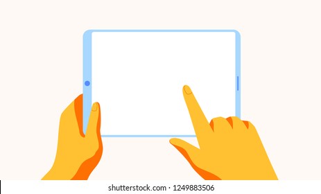 Hand holding tablet and pointing on the screen concept vector illustration.