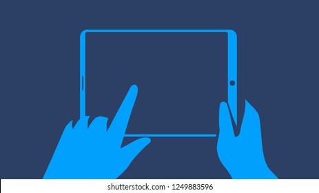 Hand holding tablet and pointing on the screen concept vector illustration.